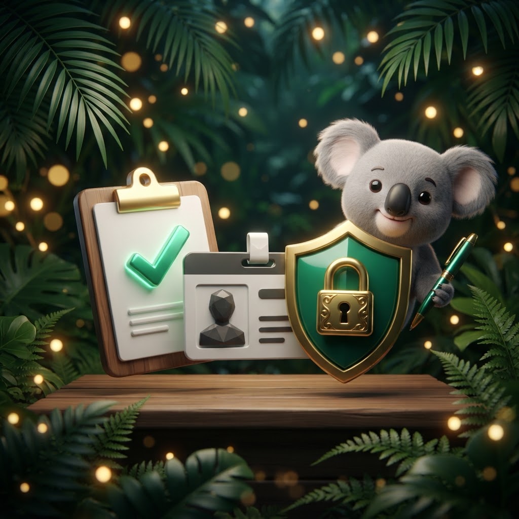 Clipboard with green tick, ID card, shield and koala with pen – Fair Go registration and verification